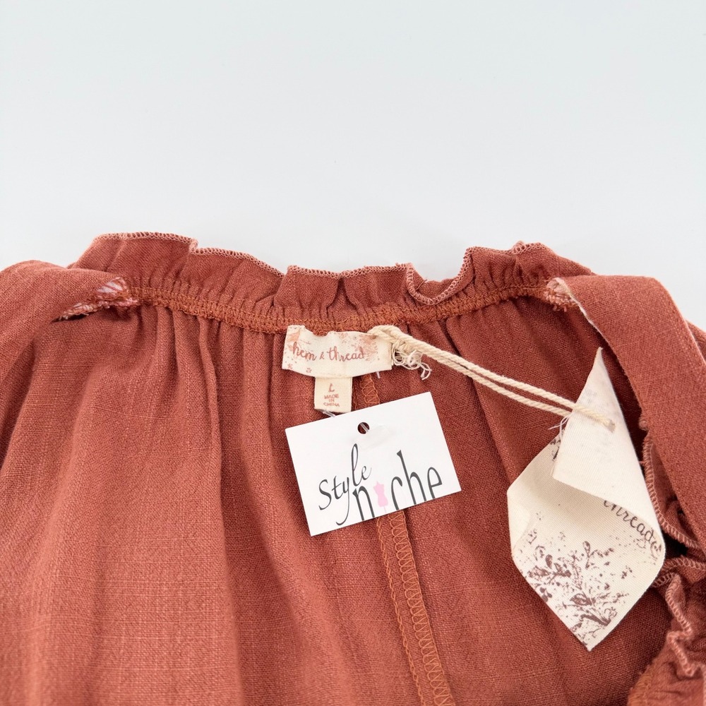 HEM & THREAD Linen Blend Tie Strap Ruffle Mini Dress Rust Large New With Tags - Picture 10 of 11
